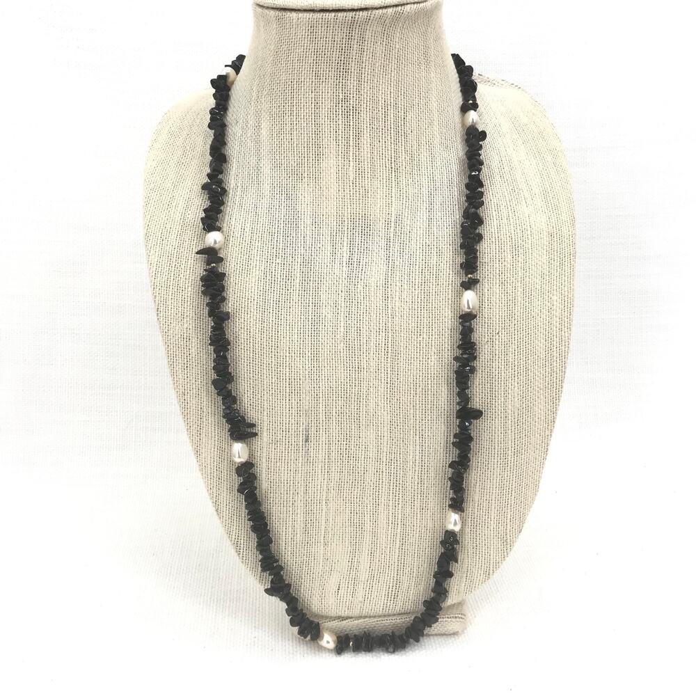 Vintage Natural Obsidian Black Shell & Fresh Water Pearl 10" LONG Necklace
